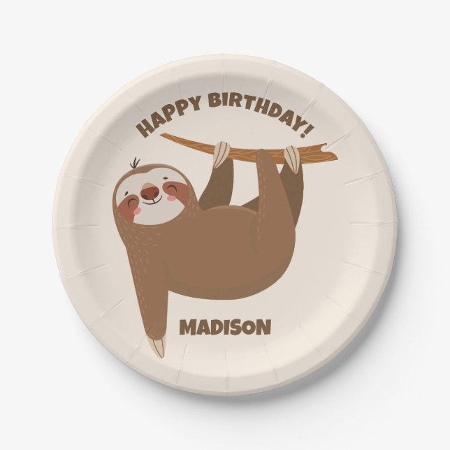 Custom Text & Colour Cute Sloth Paper Plate (Front)