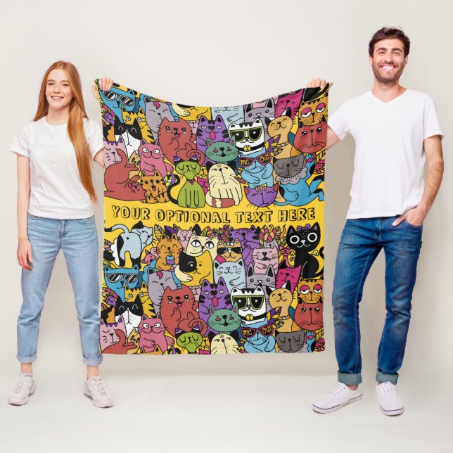 Custom Text & Colour Funny Cats Illustration Fleece Blanket (In Situ)