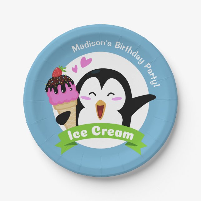 Custom text & colour Ice Cream Penguin paper Plate (Front)