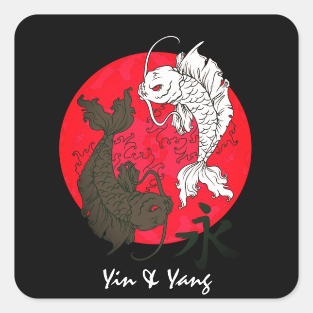 Custom Text/Colour Japanese Koi Fish Yin Yang Styl Square Sticker (Front)