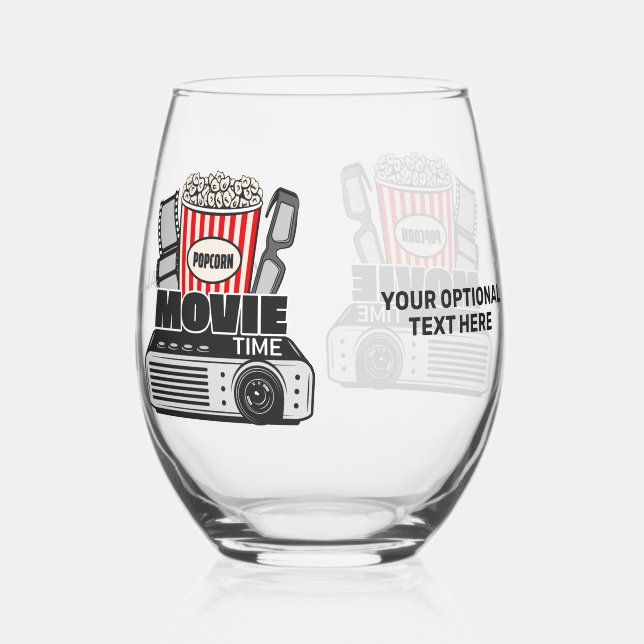 Custom Text & Colour Movie Time Stemless Wine Glass (Back)