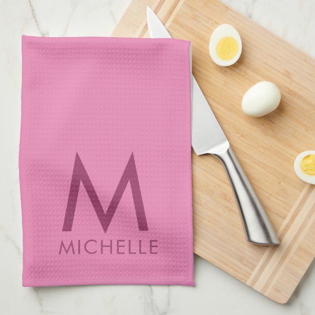 Custom Text Colour Pink Monogram Initial Name Tea Towel (Quarter Fold)