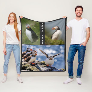 Custom text & colour Puffins fleece blankets