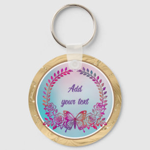 Custom Text, Colourful Butterfly and Flower Key Ring