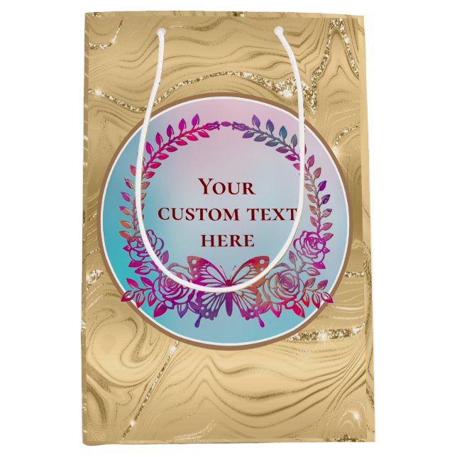 Custom Text, Colourful Butterfly and Flower Medium Gift Bag (Front)
