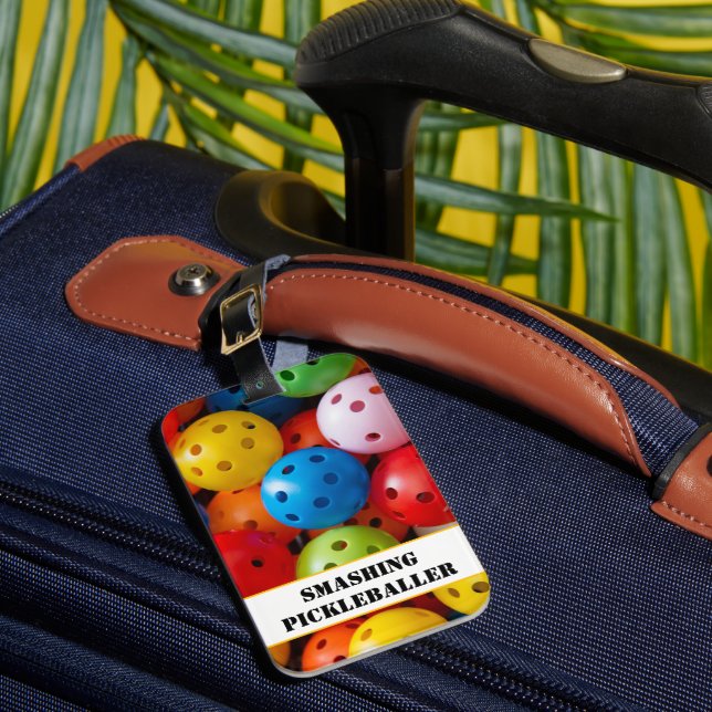 Custom text Colourful pickleballs Luggage Tag (Front Insitu 1)
