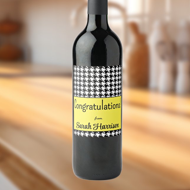 Custom Text, Congrats Yellow Houndstooth (6) Wine Label (Creator Uploaded)