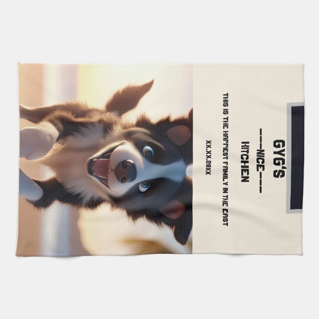 Custom text, cute black and white dog tea towel (Horizontal)