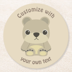 Custom Text Cute Cartoon Teddy Bear Round Paper Coaster