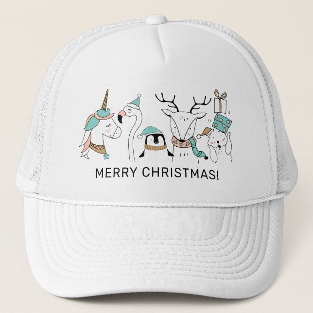 Custom Text Cute Christmas Animals Trucker Hat (Front)
