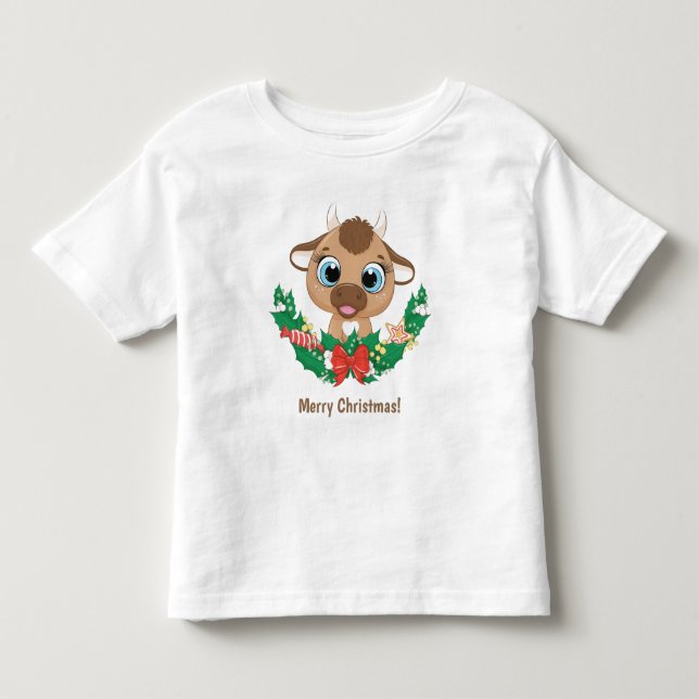 Custom Text Cute Christmas Bull Toddler T-Shirt (Front)