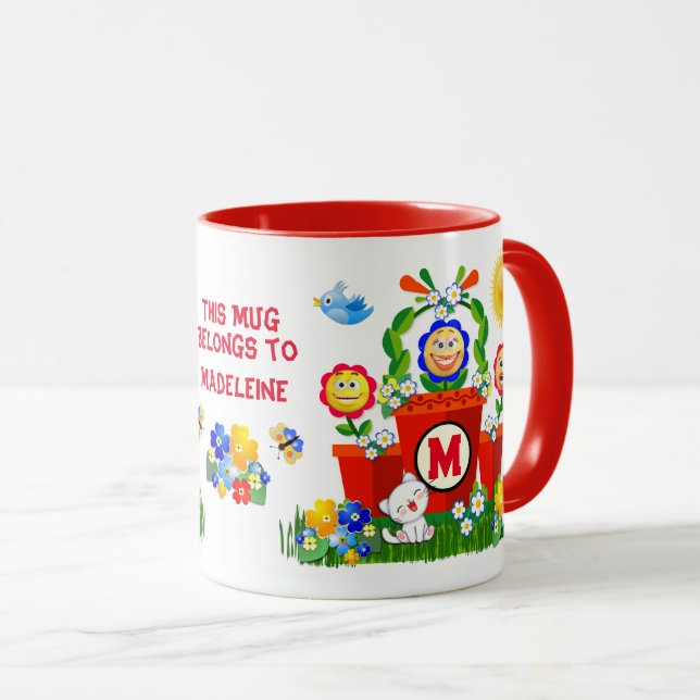 Custom Text Cute Emoji Flowers Kid's Mug (Front Right)