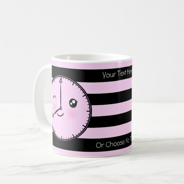 Custom Text/ Cute Kawaii Clock Face Pastel Stripes Coffee Mug (Front Left)