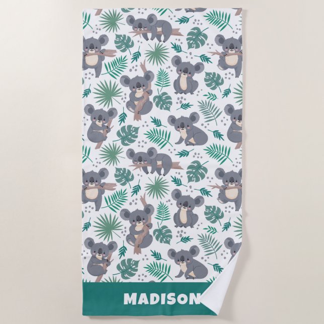 Custom Text Cute Koalas Pattern Beach Towel (Front)
