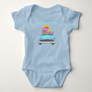 Custom Text Cute Pink Dinosaur Driving Vintage Car Baby Bodysuit