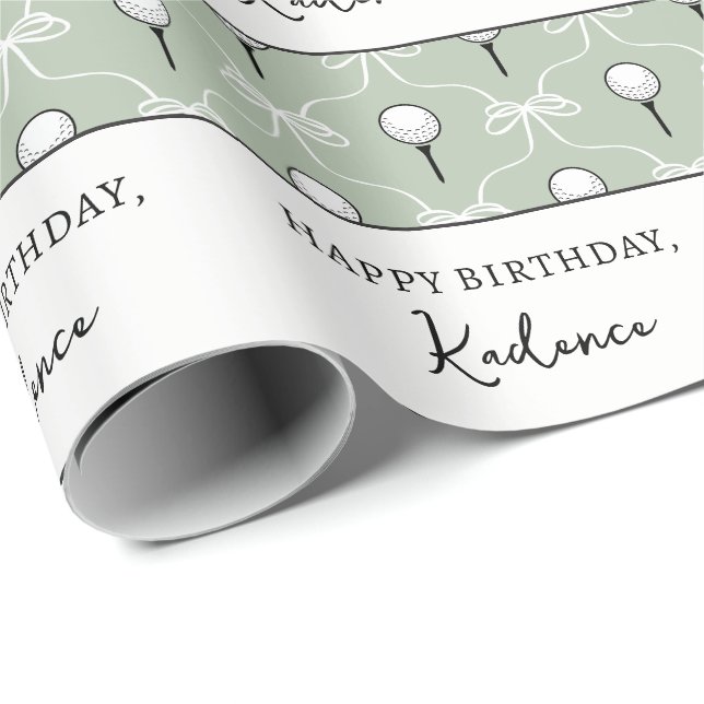 Custom Text Cute Sage White Bow Golf Pattern Wrapping Paper (Roll Corner)