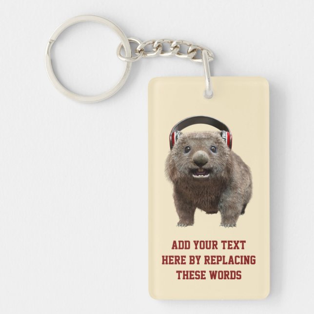 Custom Text Cute Wombat Headphones Key Ring (Front)