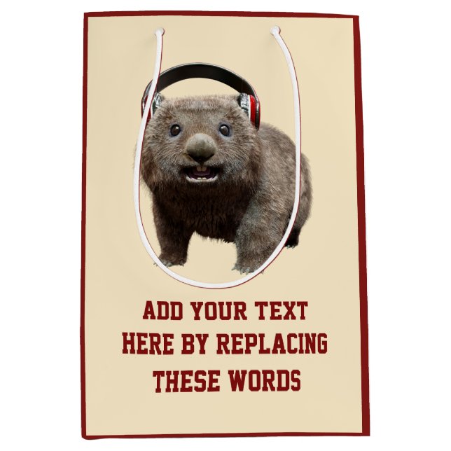 Custom Text Cute Wombat Headphones Medium Gift Bag (Front)