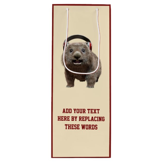 Custom Text Cute Wombat Headphones Wine Gift Bag (Front)