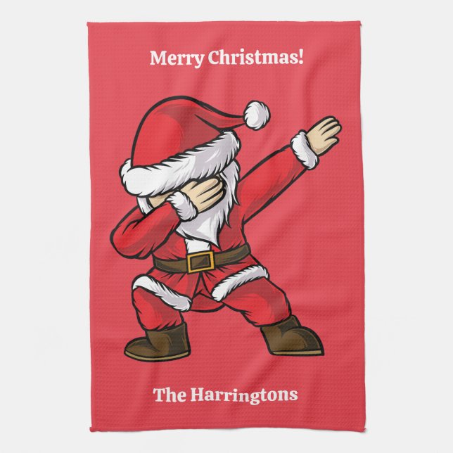 Custom Text Dabbing Dancing Santa Tea Towel (Vertical)