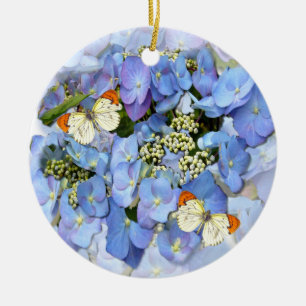 Custom Text Delicate Blue Lacecap Hydrangea Ceramic Ornament