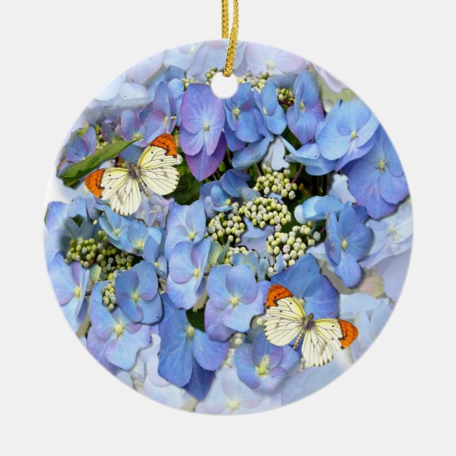 Custom Text Delicate Blue Lacecap Hydrangea  Ceramic Ornament (Front)