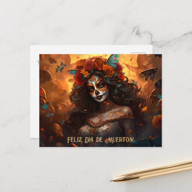 Custom text Dia de Muertos La Calavera Garbancera Postcard (Front/Back In Situ)