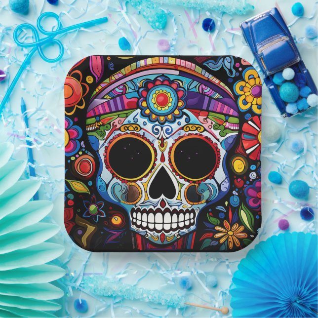 Custom text 💀 Día de Muertos Paper Plate (Party)