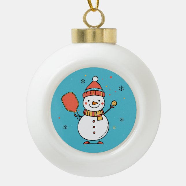 Custom text Dinking Snowman Ceramic Ball Christmas Ornament (Front)
