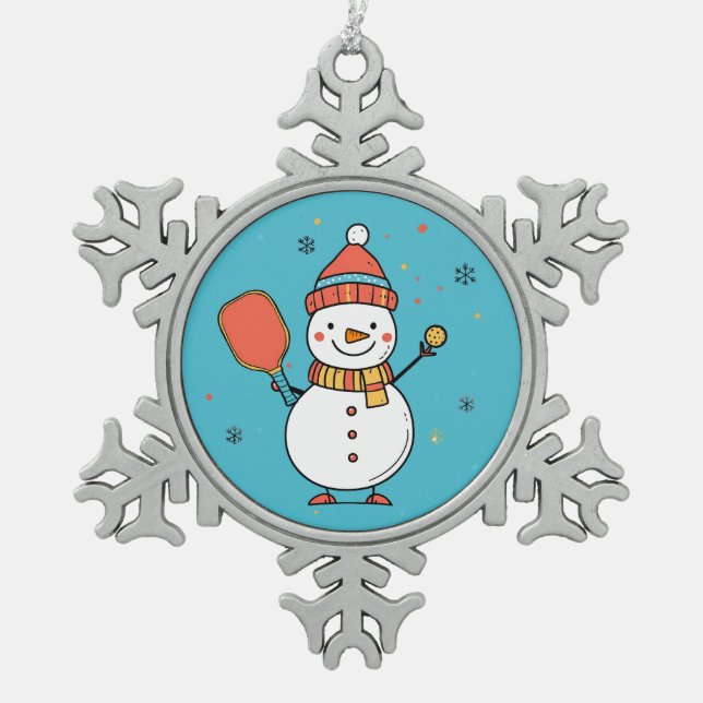 Custom text Dinking Snowman Snowflake Pewter Christmas Ornament (Front)