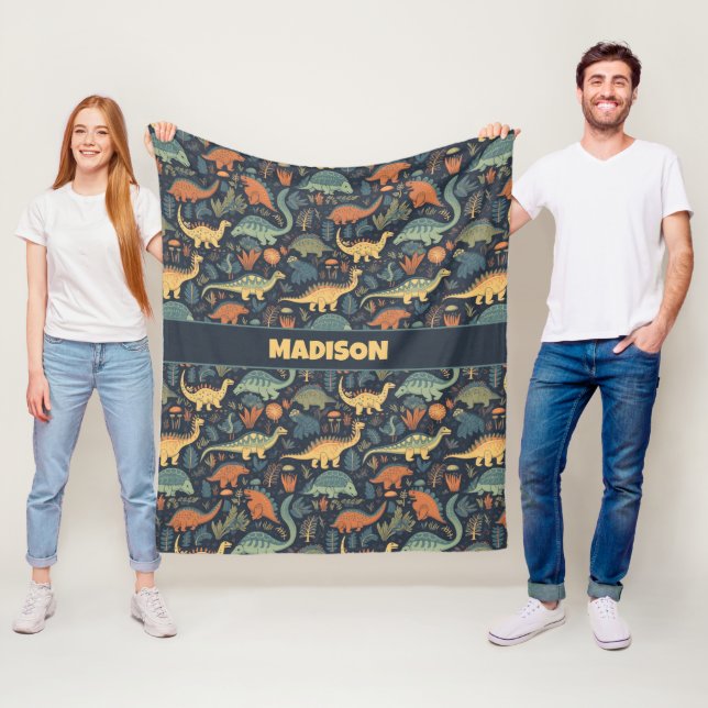 Custom Text Dinosaur Pattern Fleece Blanket (In Situ)