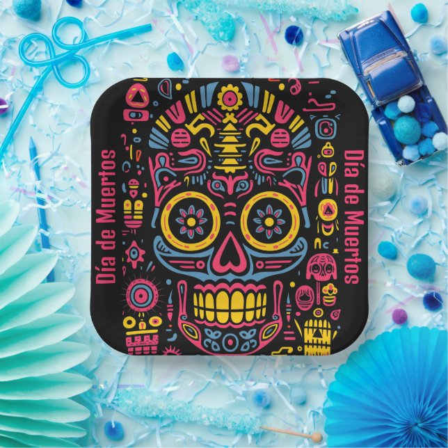 Custom text 💀  doodle style Día de Muertos Paper Plate (Party)