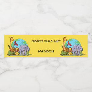 Custom Text Earth with Animals Water Bottle Label