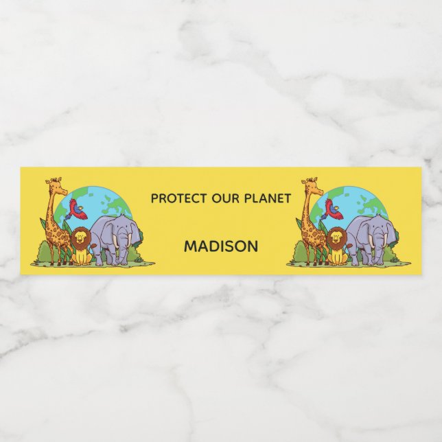 Custom Text Earth with Animals Water Bottle Label (Single Label)
