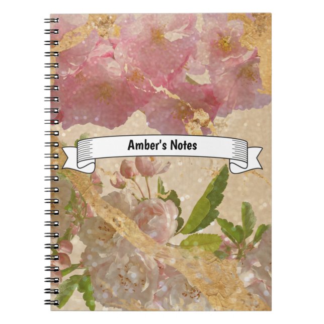 Custom Text Elegant Gold Shimmer Floral Decoupage Notebook (Front)