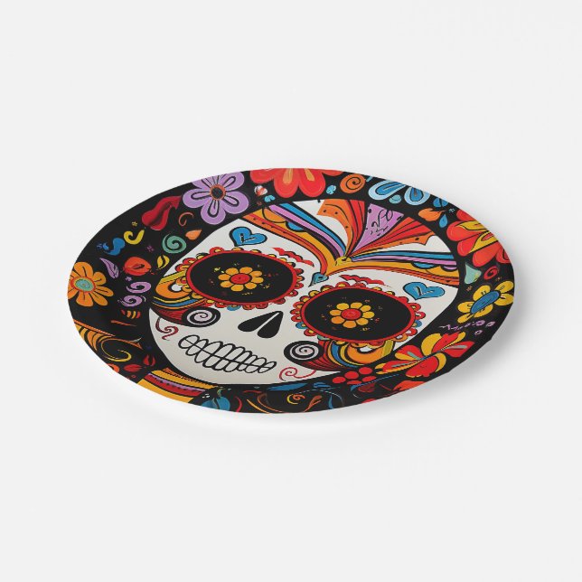 Custom text 💀Exquisite Día de Muertos Postcard Paper Plate (Angled)