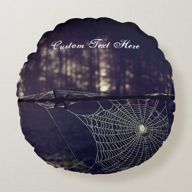 Custom Text/ Fall Spooky Forest Creepy Spider Web Round Cushion (Front)