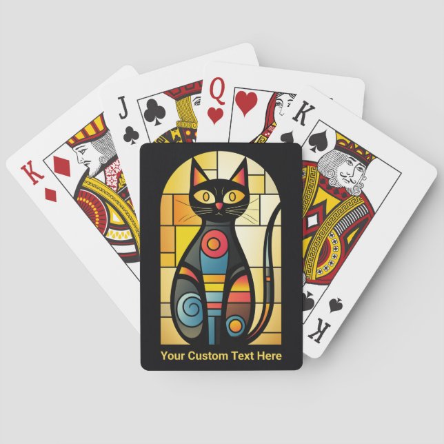 Custom Text Faux Stained Glass Cat Playing Cards (Back)