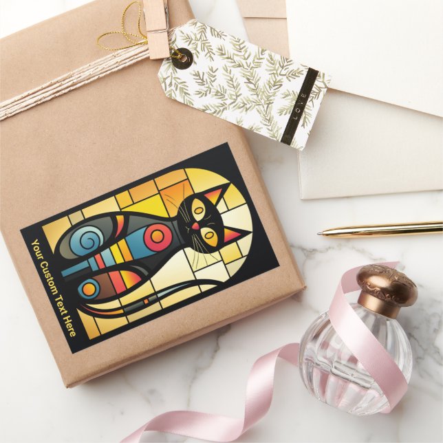 Custom Text Faux Stained Glass Cat Rectangular Sticker (Gifting)