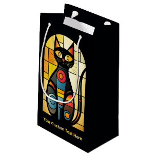 Custom Text Faux Stained Glass Cat Small Gift Bag