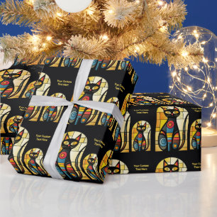 Custom Text Faux Stained Glass Cat Wrapping Paper