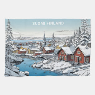 Custom Text Finland Winter Illustration Tea Towel
