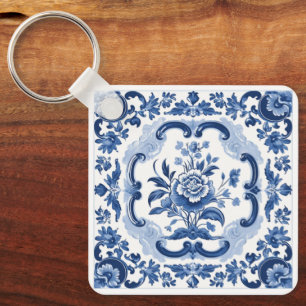 Custom Text Floral Dutch Tiles Pattern Key Ring