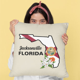 Custom Text Florida Flag & Flower Orange Blossom Cushion