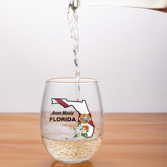 Custom Text Florida Flag & Flower Orange Blossom Stemless Wine Glass (Creator Uploaded)