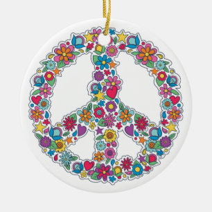 Custom Text Flower Peace Sign Ceramic Ornament