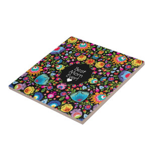 Custom text,  folklore flowers  ceramic tile