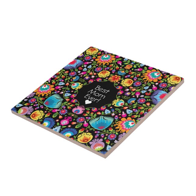 Custom text,  folklore flowers  ceramic tile (Side)