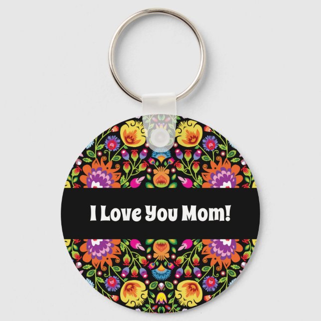Custom text Folklore flowers Wycinanki black  Key Ring (Front)