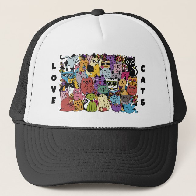 Custom Text Funny Cats Illustration Trucker Hat (Front)